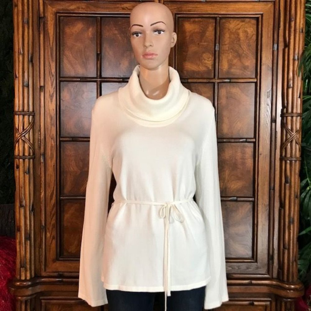 Kasper Modern Turtleneck Belted Baby Bell Sleeve Sweater